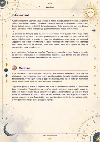 Exemple de page du portrait astral avec l’interprétation de l’Ascendant et de Mercure