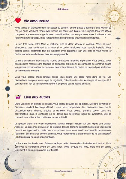 Exemple de page du portrait astral avec la vie amoureuse et le lien aux autres