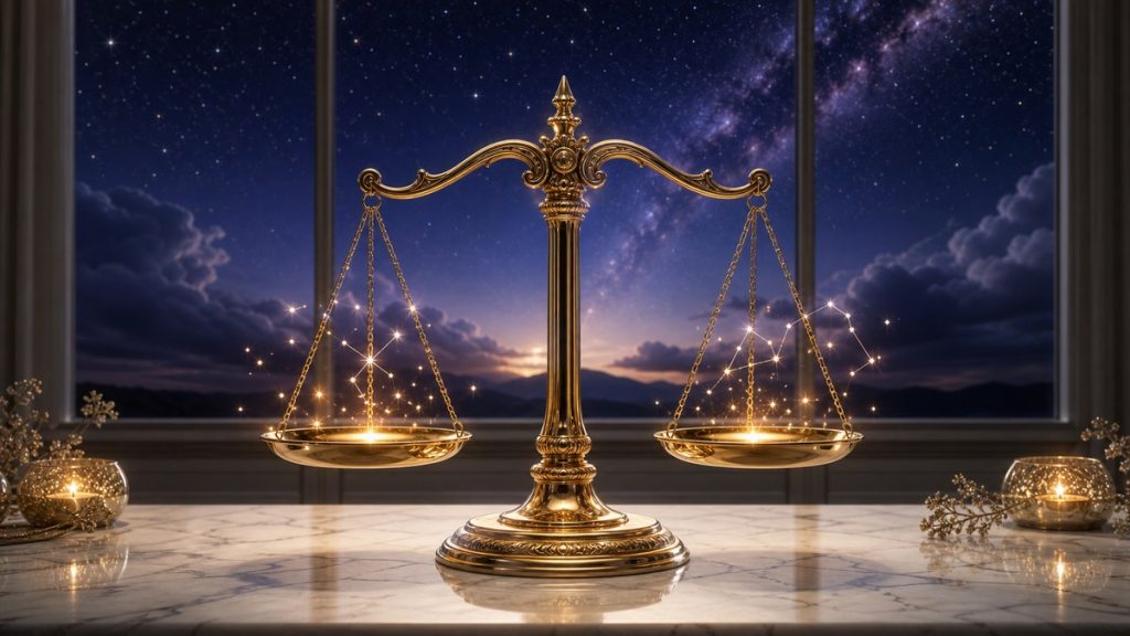 Balance dorée sur une table de marbre sous un ciel étoilé, pour illustrer la compatibilité astrologique de la Balance.