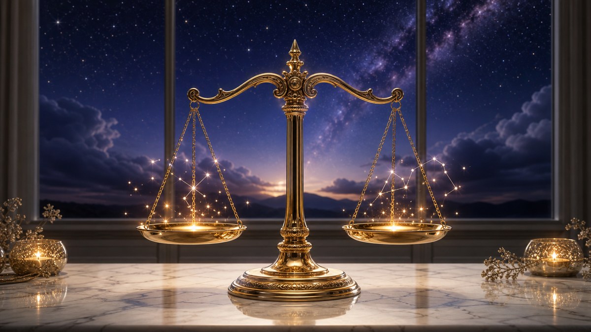 Balance dorée sur une table de marbre sous un ciel étoilé, pour illustrer la compatibilité astrologique de la Balance.