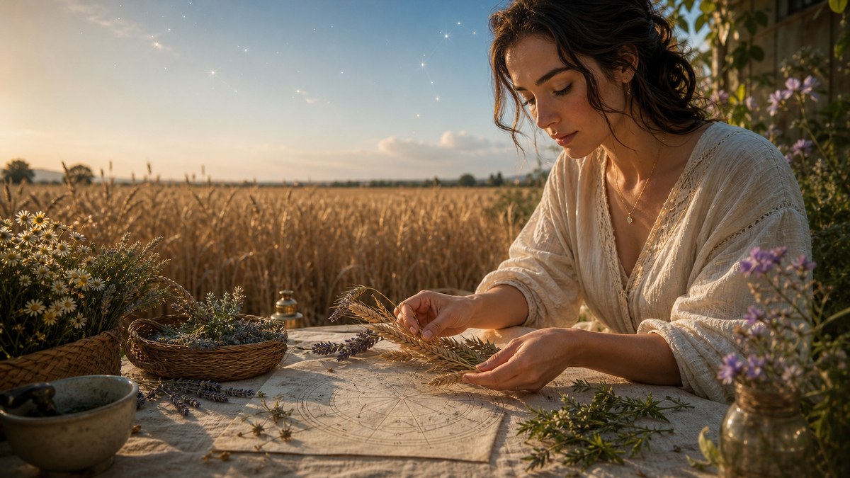 Mains préparant des herbes et une carte astrologique dans un champ doré, pour illustrer la compatibilité astrologique de la Vierge.