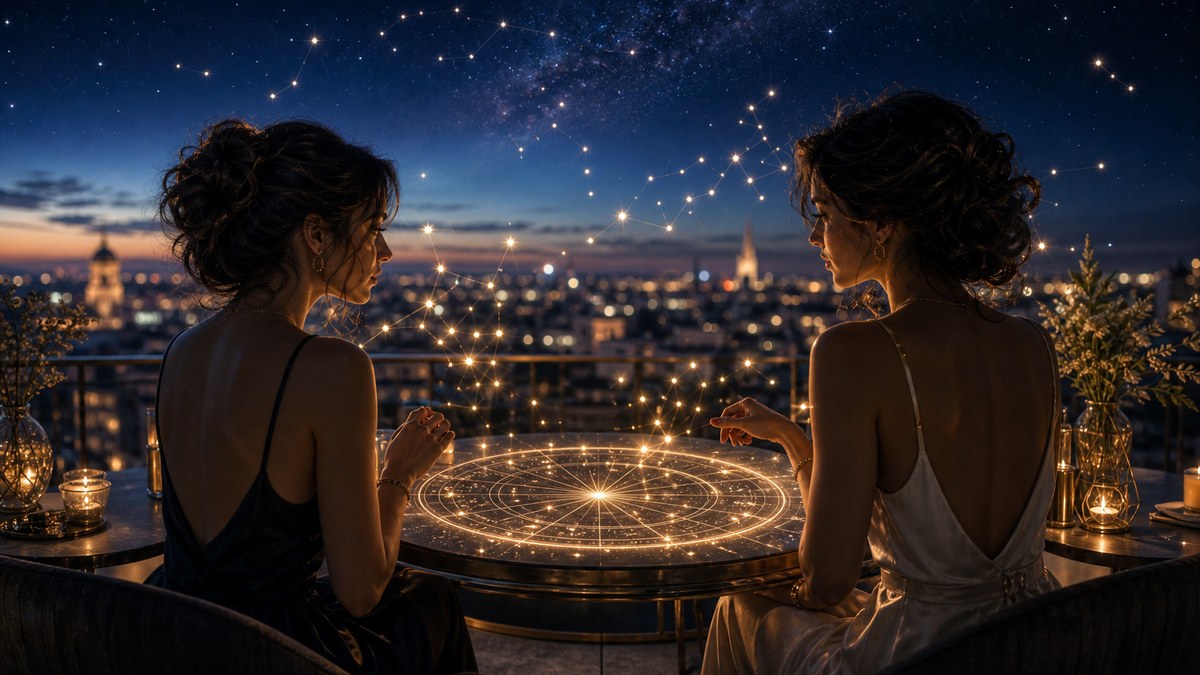 Deux silhouettes observant une carte céleste sur un toit au crépuscule, pour illustrer la compatibilité astrologique des Gémeaux.