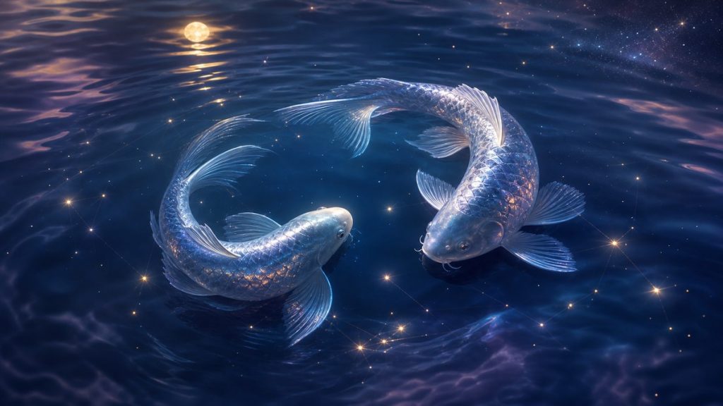 Deux poissons lumineux sous la lune, dans une eau étoilée, pour illustrer la compatibilité astrologique des Poissons.