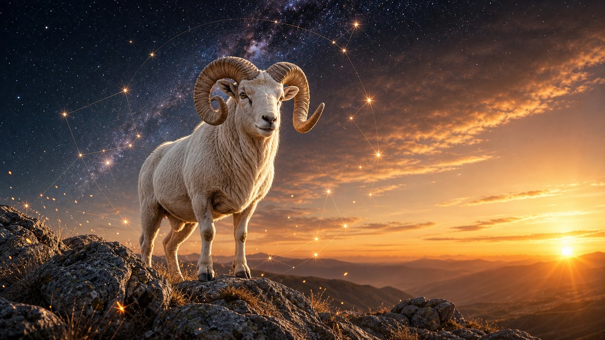 Bélier blanc sur un sommet rocheux au lever du soleil, pour illustrer la compatibilité astrologique du Bélier.