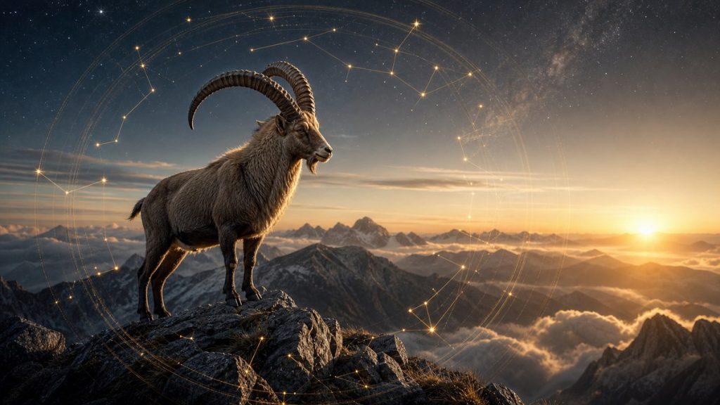 Bouquetin sur une crête de montagne au lever du soleil, pour illustrer la compatibilité astrologique du Capricorne.
