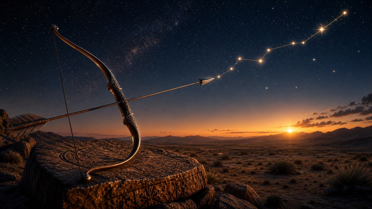 Arc et flèche pointés vers les étoiles au coucher du soleil, pour illustrer la compatibilité astrologique du Sagittaire.