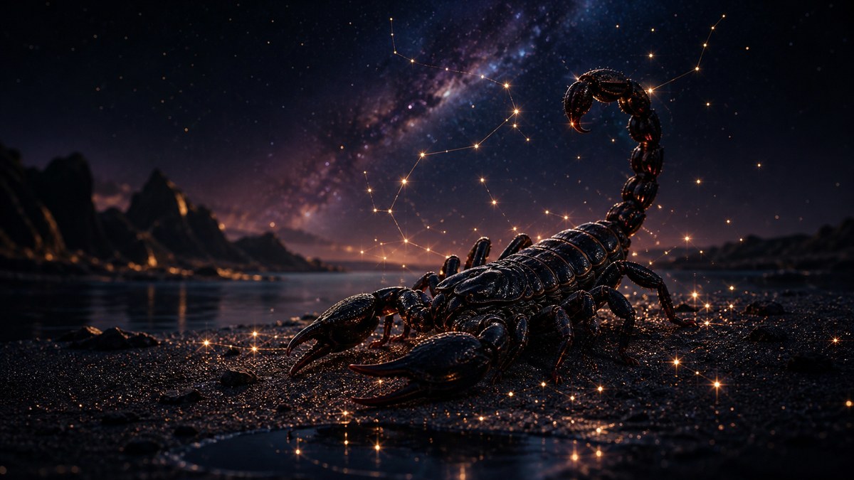 Scorpion réaliste sur un rivage sombre sous la voie lactée, pour illustrer la compatibilité astrologique du Scorpion.