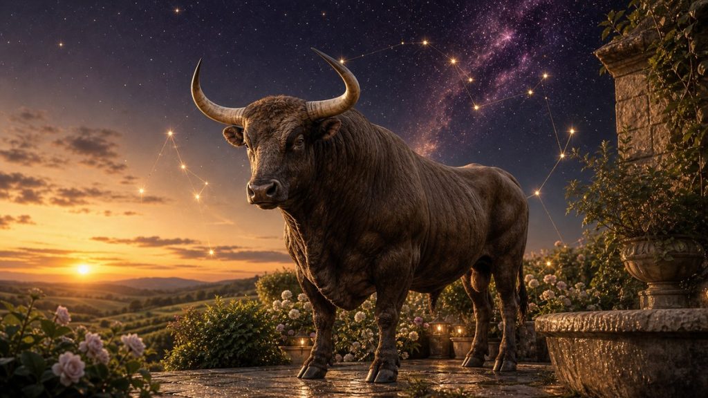 Taureau puissant dans un jardin au coucher du soleil, pour illustrer la compatibilité astrologique du Taureau.