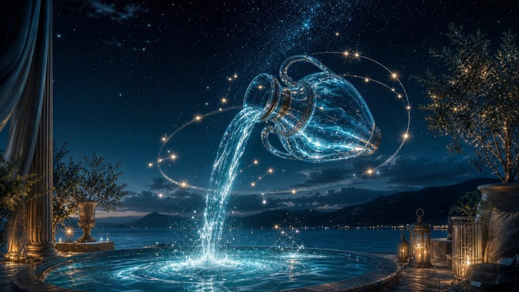 Amphore lumineuse versant de l’eau sous un ciel étoilé, pour illustrer la compatibilité astrologique du Verseau.