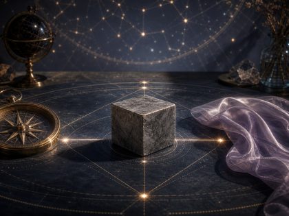 Compas, cube de pierre et voile fluide sur une table d’astrologie, pour illustrer la compatibilité selon les modes.