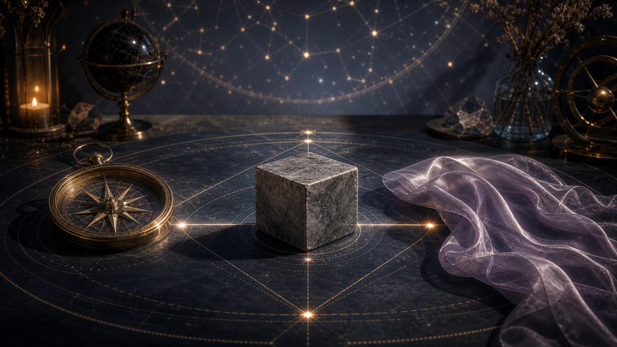 Compas, cube de pierre et voile fluide sur une table d’astrologie, pour illustrer la compatibilité selon les modes.