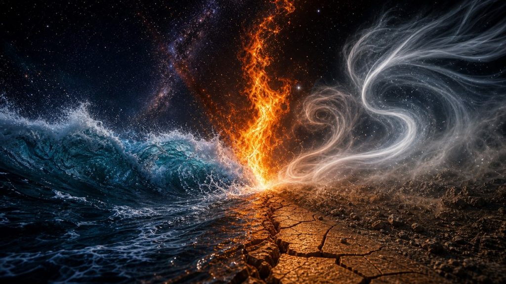 Feu, eau, terre et air se rencontrant dans un paysage nocturne, pour illustrer les conflits entre éléments astrologiques.