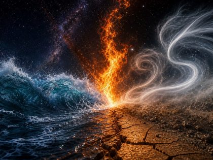 Feu, eau, terre et air se rencontrant dans un paysage nocturne, pour illustrer les conflits entre éléments astrologiques.