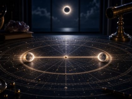 Alignement lunaire lumineux sur une carte astrologique sombre, pour illustrer les conjonctions aux nœuds lunaires.