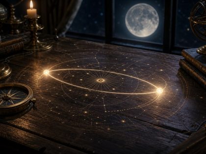 Deux points lunaires opposés reliés sur une carte céleste, pour illustrer le nœud nord et le nœud sud.