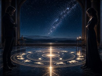 Roue astrologique lumineuse dans un observatoire sombre, pour illustrer les duos d’opposition zodiacale.