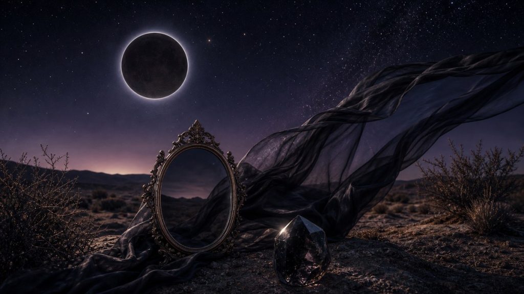 Nouvelle lune, miroir ancien et tissu noir dans le désert nocturne, pour illustrer la Lune noire et Lilith.