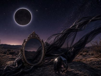 Nouvelle lune, miroir ancien et tissu noir dans le désert nocturne, pour illustrer la Lune noire et Lilith.
