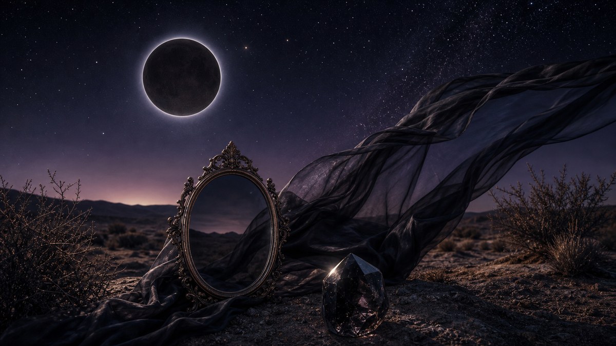 Nouvelle lune, miroir ancien et tissu noir dans le désert nocturne, pour illustrer la Lune noire et Lilith.