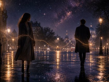 Deux silhouettes dans une rue de nuit reliées par une lumière dorée, pour illustrer une rencontre karmique.