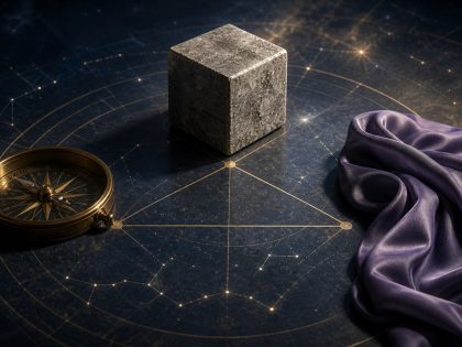 Compas, cube de pierre et tissu fluide reliés par des lignes célestes, pour illustrer les modes astrologiques.