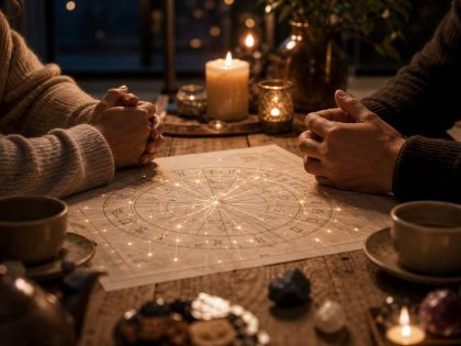Deux personnes autour d’une table avec bougies et carte astrologique, pour illustrer l’apaisement d’une relation tendue.