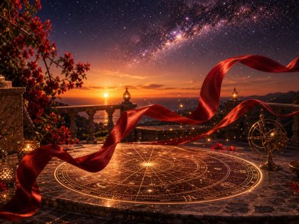 Ruban rouge au-dessus d’une carte astrologique au coucher du soleil, pour illustrer Vénus en signes de feu.