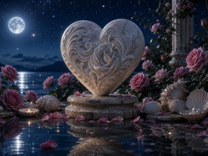 Sculpture en forme de cœur dans un jardin d’eau au clair de lune, pour illustrer Vénus en signes d’eau.