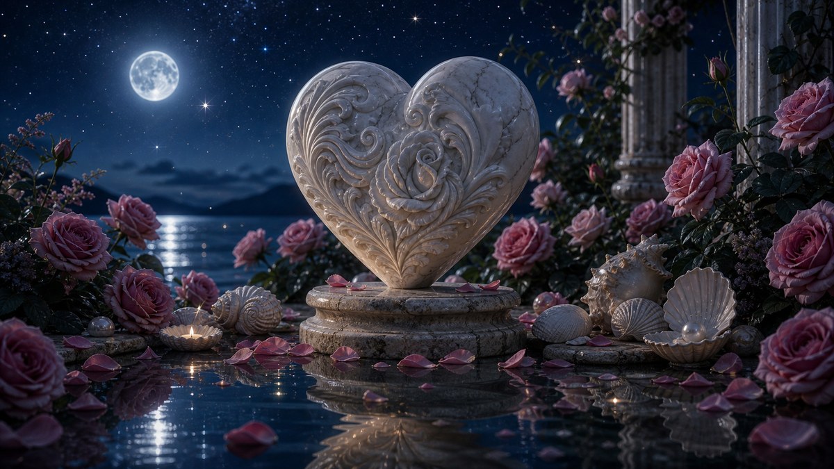Sculpture en forme de cœur dans un jardin d’eau au clair de lune, pour illustrer Vénus en signes d’eau.