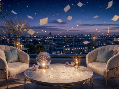 Salon de toit sous la lune avec deux fauteuils et une sphère lumineuse, pour illustrer Vénus en signes d’air.