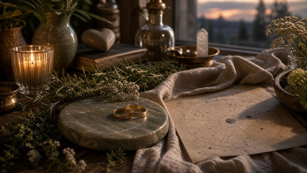 Anneaux dorés, herbes et carte astrologique dans une ambiance chaleureuse, pour illustrer Vénus en signes de terre.