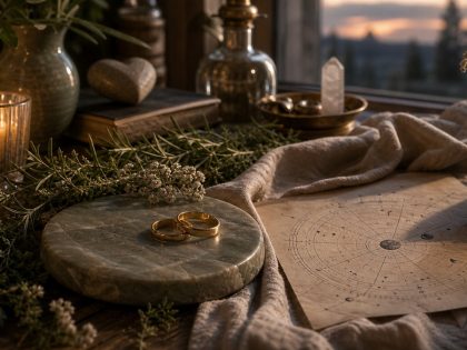Anneaux dorés, herbes et carte astrologique dans une ambiance chaleureuse, pour illustrer Vénus en signes de terre.