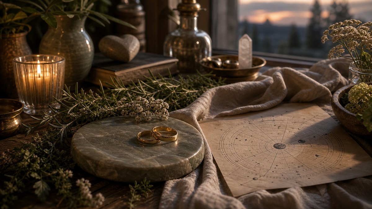 Anneaux dorés, herbes et carte astrologique dans une ambiance chaleureuse, pour illustrer Vénus en signes de terre.