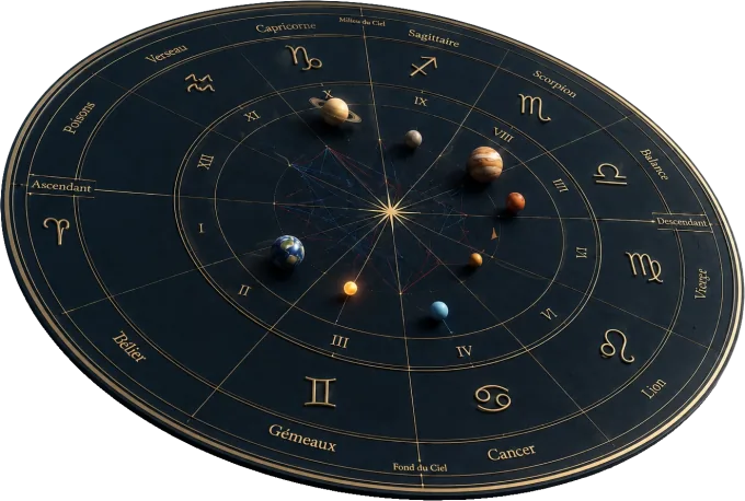 Illustration d’une carte de thème astral avec signes du zodiaque, maisons astrologiques et planètes