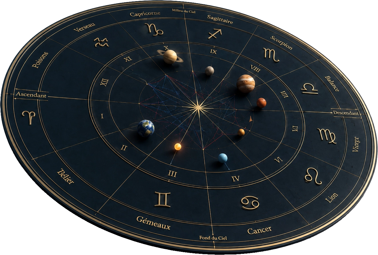 Illustration d’une carte de thème astral avec signes du zodiaque, maisons astrologiques et planètes