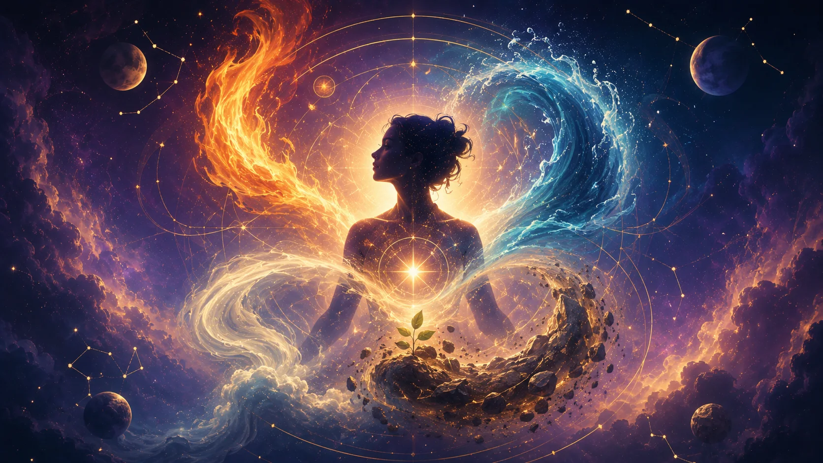 Illustration astrologique des quatre éléments pour le quiz Élément dominant